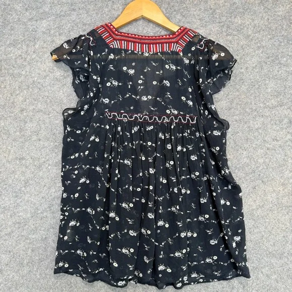 Ulla Johnson Anosha 100% Silk Blouse Womens 6 Floral Ruffle Cap Black Red Top - Picture 8 of 10